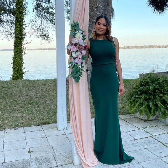 betsy adam green dress Betsy and Adam Shanice Cape Overlay Neckline Back Zipper Sheath Silhouette  Floor Length Dress main image 1